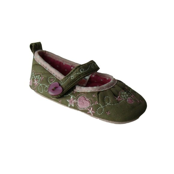 Infant Girls Mary Jane Shoes Size 1 Embroidered Pink & Green Floral Design With - Picture 1 of 9